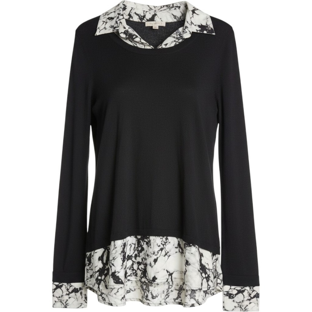 Roz & Ali Sweater Top Womens M Black Marble Print Layered Look 2-in-1 Knit